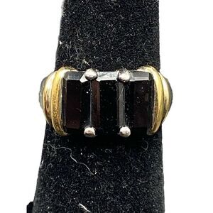 Pranda sterling silver 925 3 emerald cut onyx gold vermeil ring